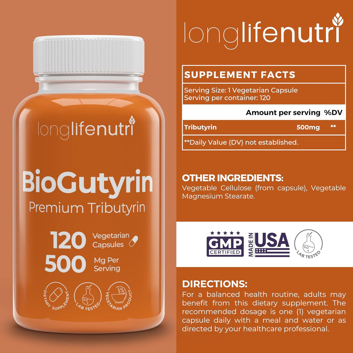 BioGutyrin – Tributyrin 500mg, Postbiotic Supplement for Gut Function & Nutrient Absorption, 120 Vegetarian Capsules – Image 2