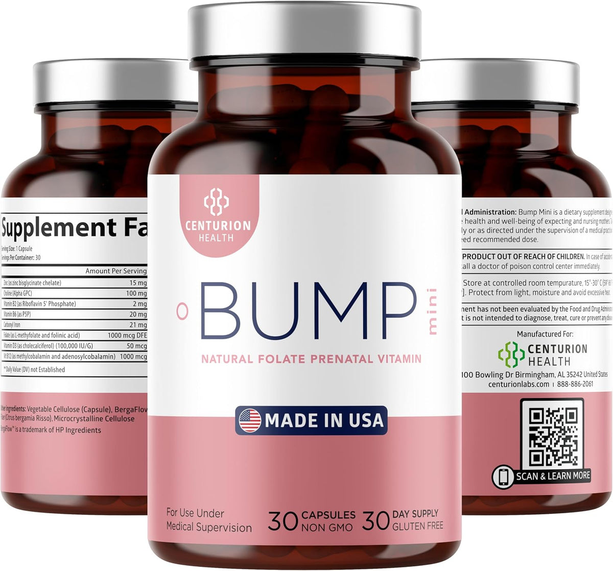 Centurion Health Bump Mini Complete Prenatal Vitamins for Women's with Folate, Choline, Carbonyl Iron, Zinc, Vitamin D3 and – Image 1