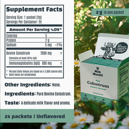 Milk Wealth™ Freeze-Dried Bovine Colostrum Powder – Immune & Gut Health Support, Grass-Fed, Unflavoured (25 Single-Serve Packets)