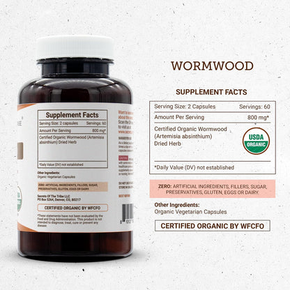 Secrets of the Tribe Wormwood Organic Capsules | Certified Organic Vegetarian Capsules, Herbal Supplement | Artemisia Absinthium Dried Herb (120 Count)