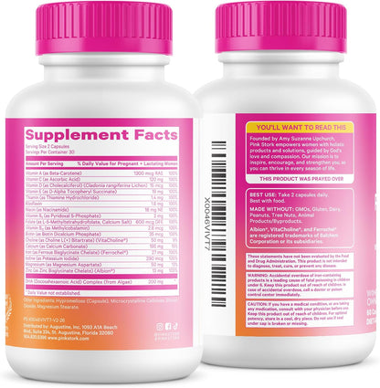 Pink Stork Total Prenatal Vitamins - 60 Count, Mint - Vegan DHA, Methylfolate, Iron, Choline