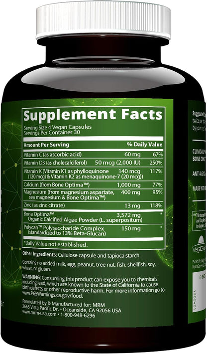 MRM Nutrition Vegan Bone Maximiser – Calcium & Mineral Complex with Organic Calcified Algae, Vitamin D3, K1 & K2, Magnesium, & Zinc – 30 Servings