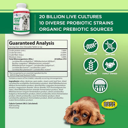 Vital Planet Flora Dog Probiotic for Dogs - 20 Billion CFU, 60 Chewable Tablets