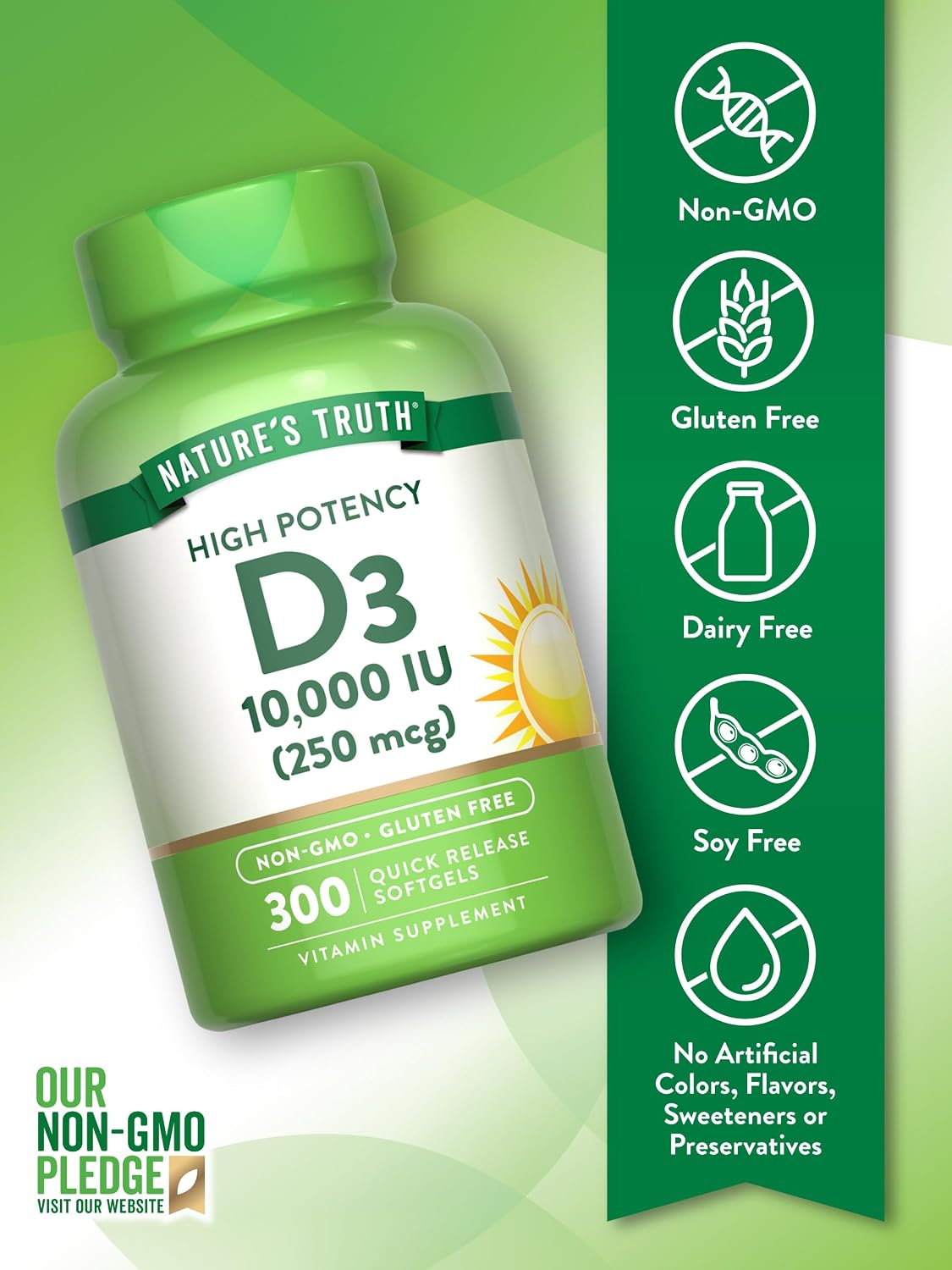 Nature's Truth Vitamin D3 10000 IU Softgels, 300 Count - Extra Strength, Non-GM & Gluten free - görsel 3