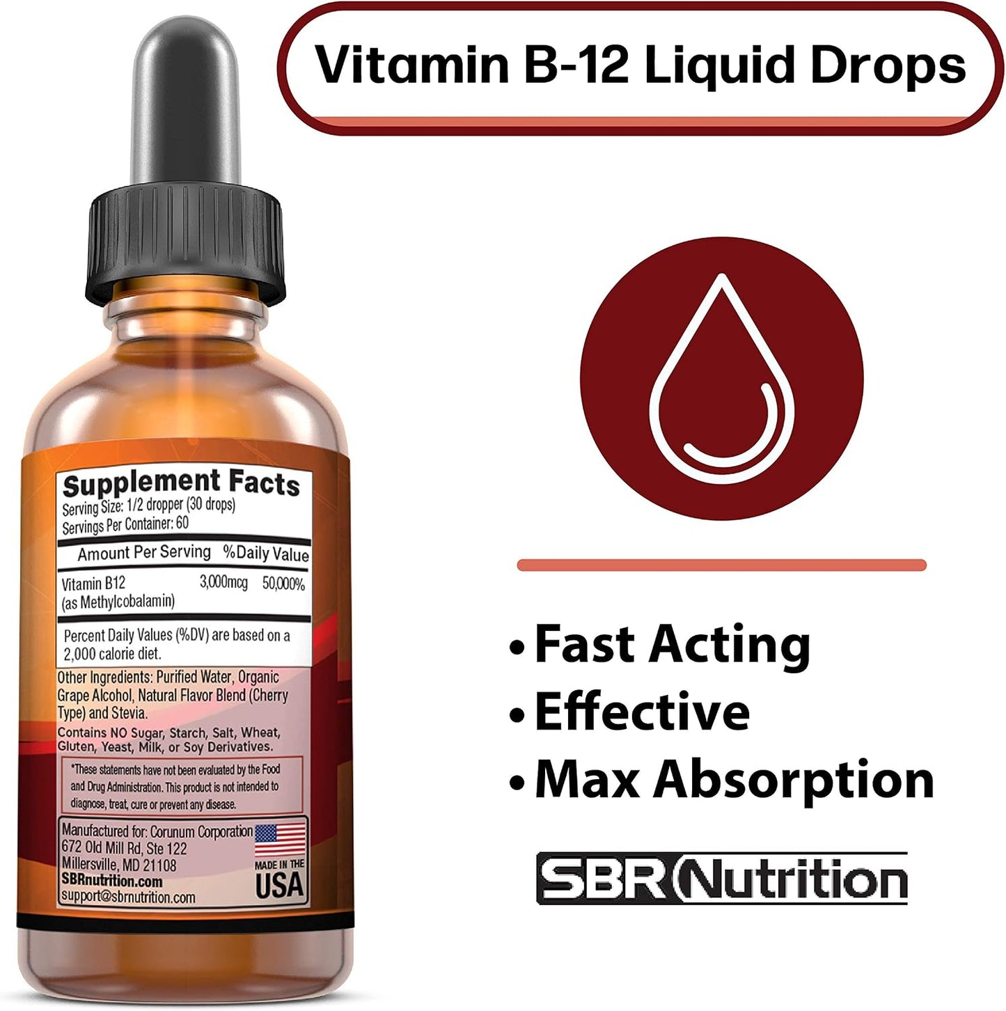 SBR Nutrition Vitamin B12 Sublingual Liquid Drops - Methylcobalamin, 3000mcg, Vegan, Non-GM - görsel 2