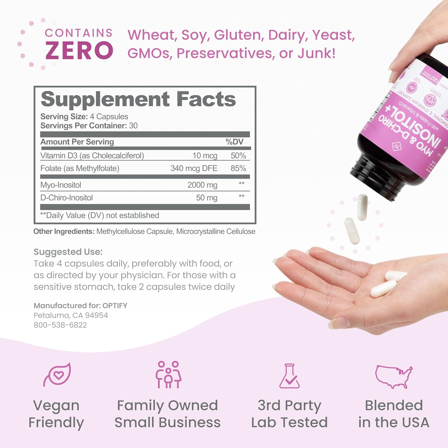 Optify Myo-Inositol & D-Chiro Inositol Supplement for Women – 40:1 Ratio with Folate and Vitamin D (120 Capsules) - görsel 5
