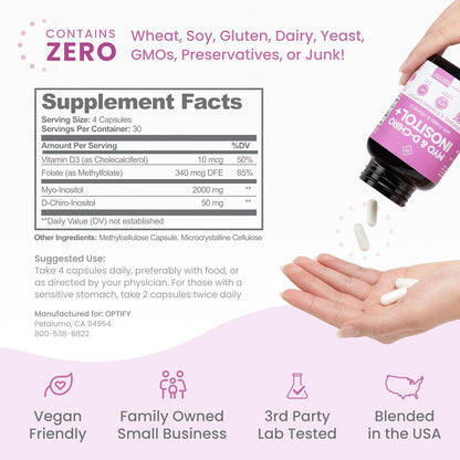 Optify Myo-Inositol & D-Chiro Inositol Supplement for Women – 40:1 Ratio with Folate and Vitamin D (120 Capsules)