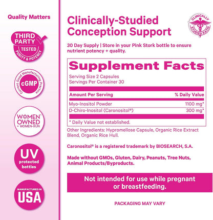 Pink Stork Myo-Inositol & D-Chiro Inositol Supplement - 3.6:1 Blend for Hormone Balance and Fertility Support - 60 Capsules