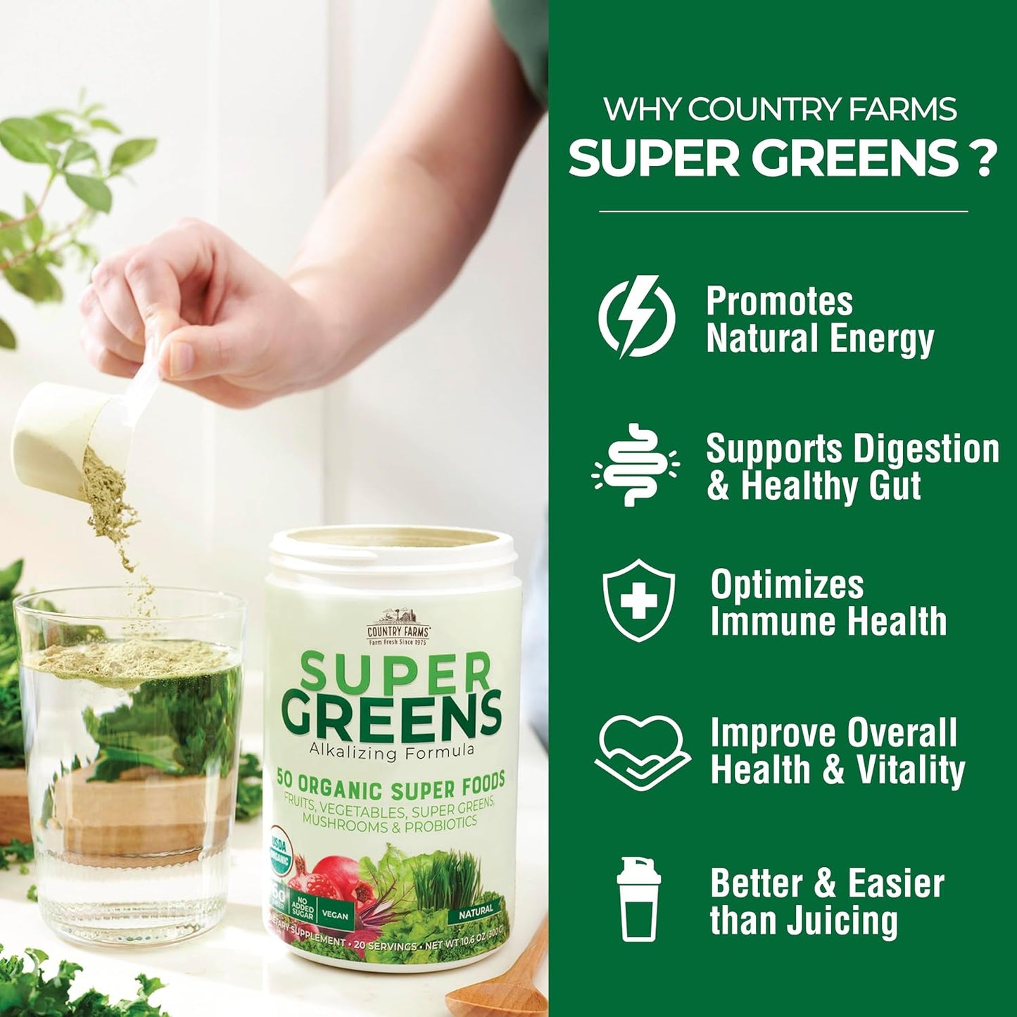 Country Farms Super Greens Natural Flavour – Organic Superfood Powder with Fibre, Mushrooms & Probiotics (60 Servings, 900g) - görsel 6