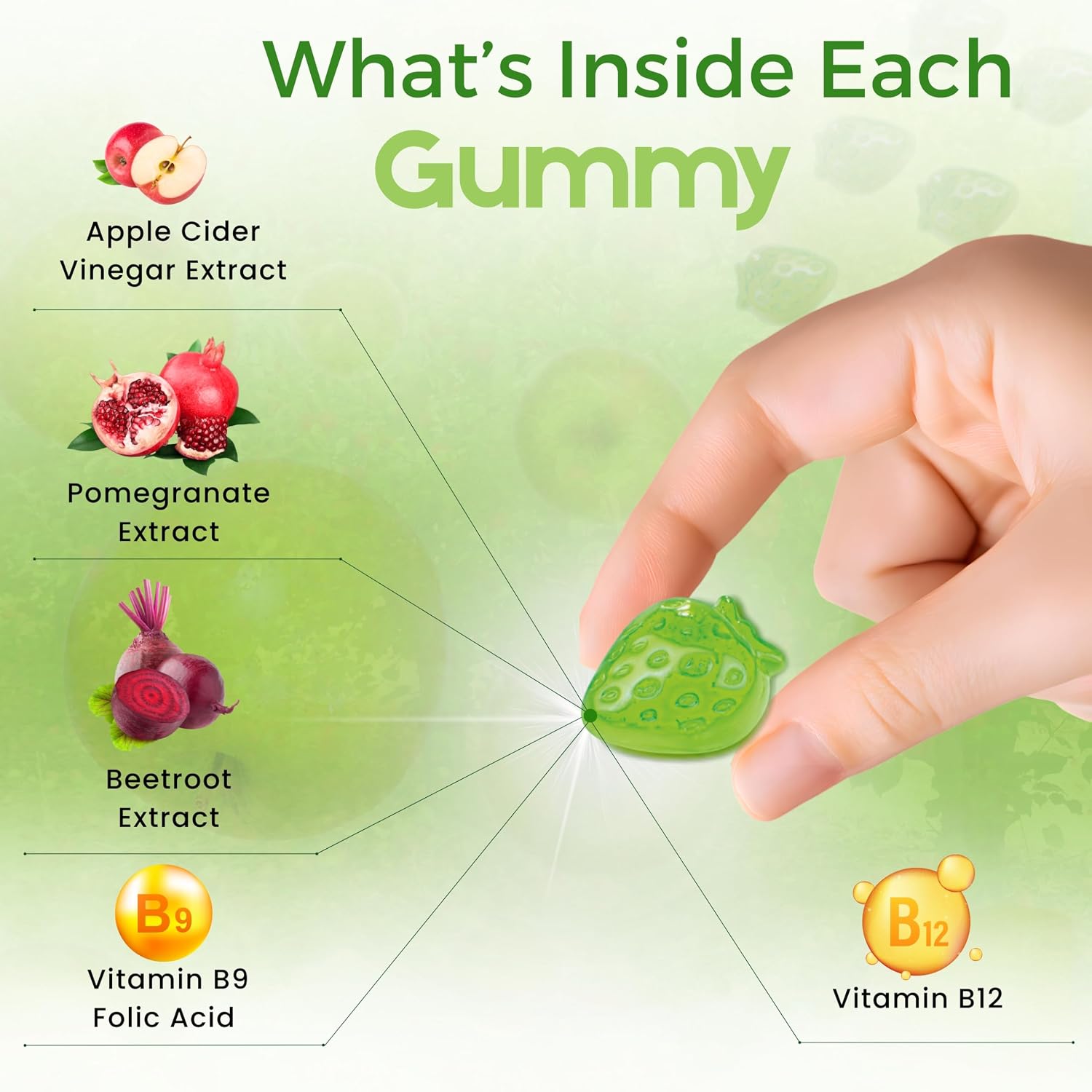 Apple Cider Vinegar Gummies – 350mg Apple Cider Vinegar per Gummy – with Vitamin B9 & B12 – Vegan Pectin Gummies – Individually Wrapped – 60 Gummies - görsel 3