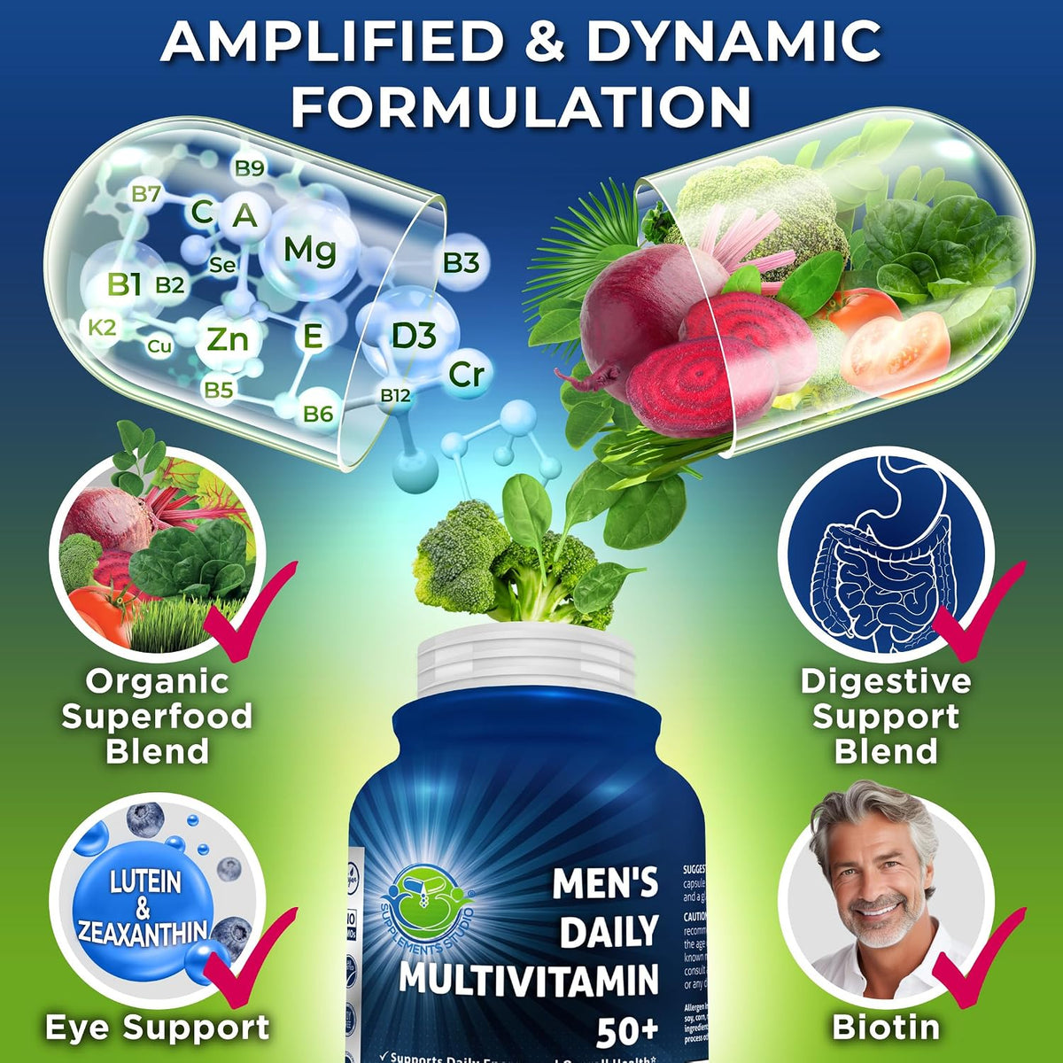 Men's Daily Multivitamin 50 Plus – Vegan Methylated Multivitamin for Men 50+ with Saw Palmetto, Biotin, Organic Superfoods, – Image 3