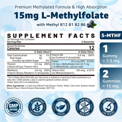 L-MethylFolate 15mg & Methyl B12 Gummies - – Cognitive Function: Adequate B vitamins, particularly folate and B12, – Image 2