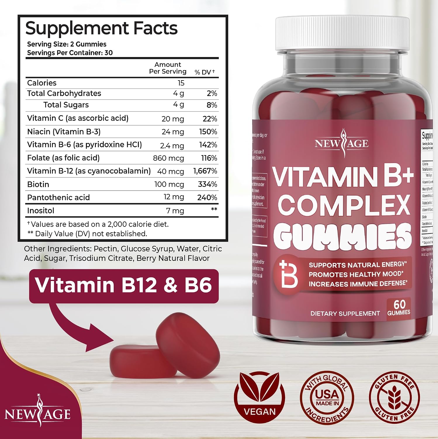 NEW AGE Vitamin B Complex Gummies with Vitamin B3, B6 & B12 – with Biotin, Folic Acid & Vitamin C – Gluten free, Vegan (180 Count (3-Pack)) - görsel 2
