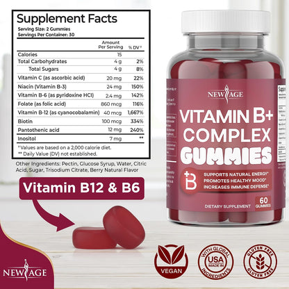 NEW AGE Vitamin B Complex Gummies with Vitamin B3, B6 & B12 – with Biotin, Folic Acid & Vitamin C – Gluten free, Vegan (180 Count (3-Pack))