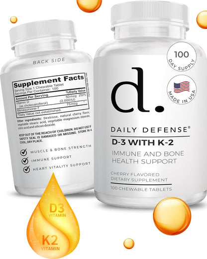 Daily Defence Vitamin D3 K2 2000IU Chewable Tablets, Cherry Flavour, 100 Count