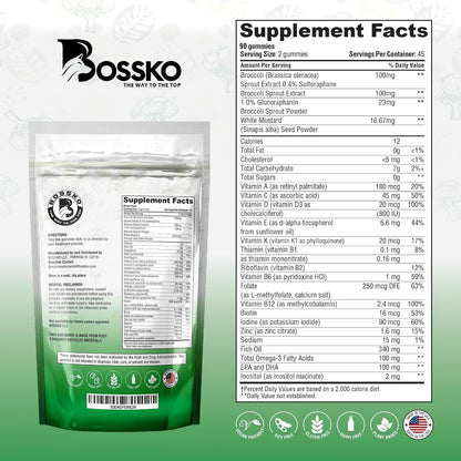 Bossko Sulforaphane Gummies with Omega-3 - Broccoli Sprout Extract, EPA/DHA - Cellular Health & Mood Support - 90 Vegan Gummies - Mixed Berry