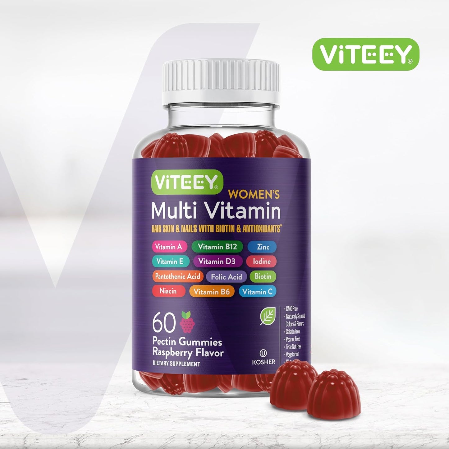 Viteey Women's Multivitamin Gummies - Raspberry Flavoured - 12 in 1 Essential Vitamins & Minerals, Vegetarian, Kosher - görsel 2