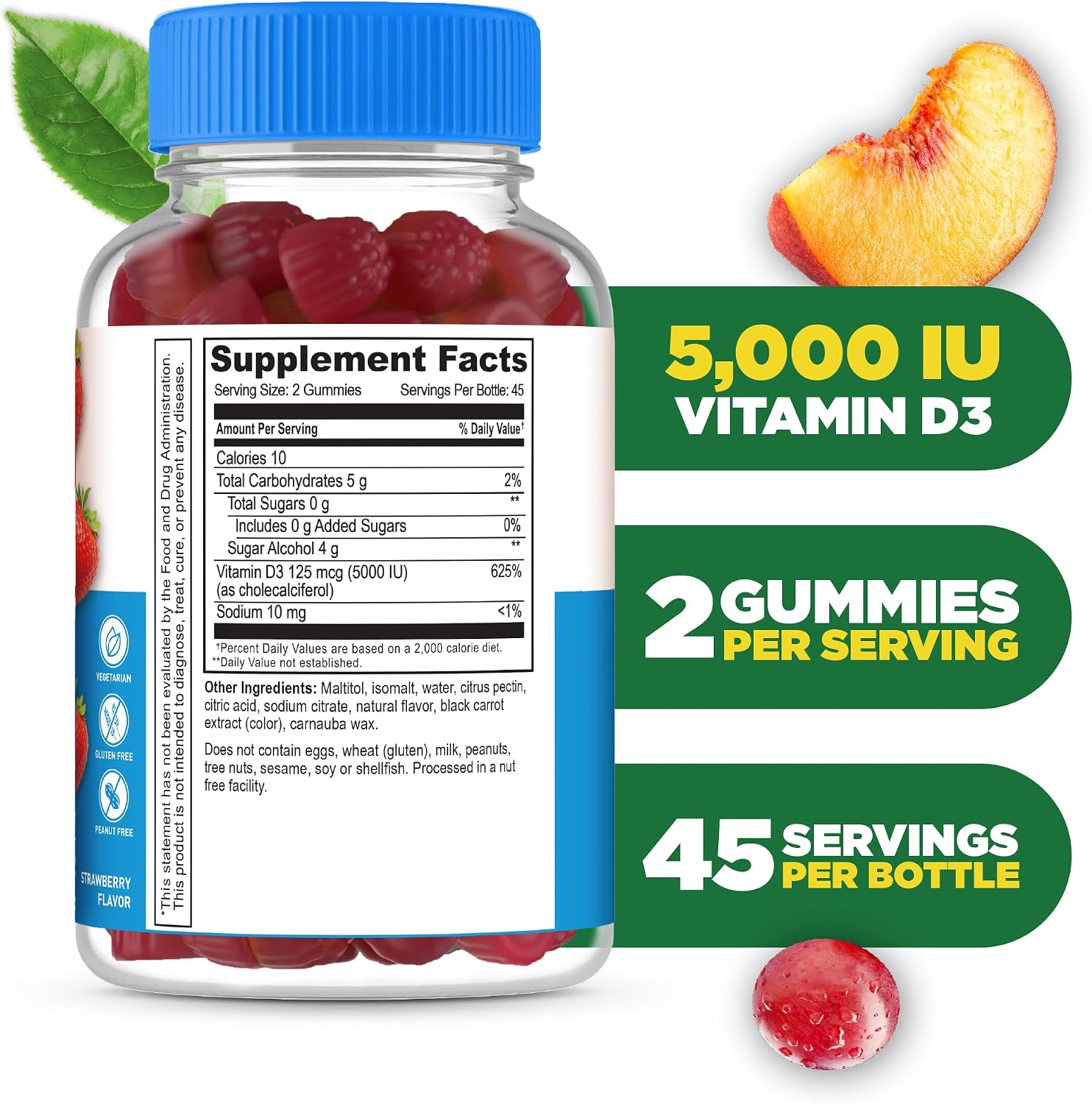 Lifeable Sugar Free Vitamin D 5000 IU - Strawberry Flavour Gummies for Immune and Bone Health - 90 Count - görsel 2