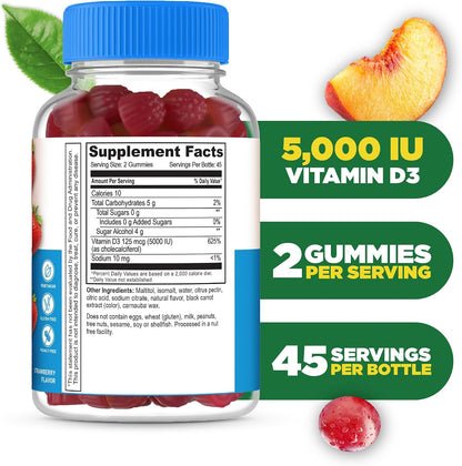 Lifeable Sugar Free Vitamin D 5000 IU - Strawberry Flavour Gummies for Immune and Bone Health - 90 Count