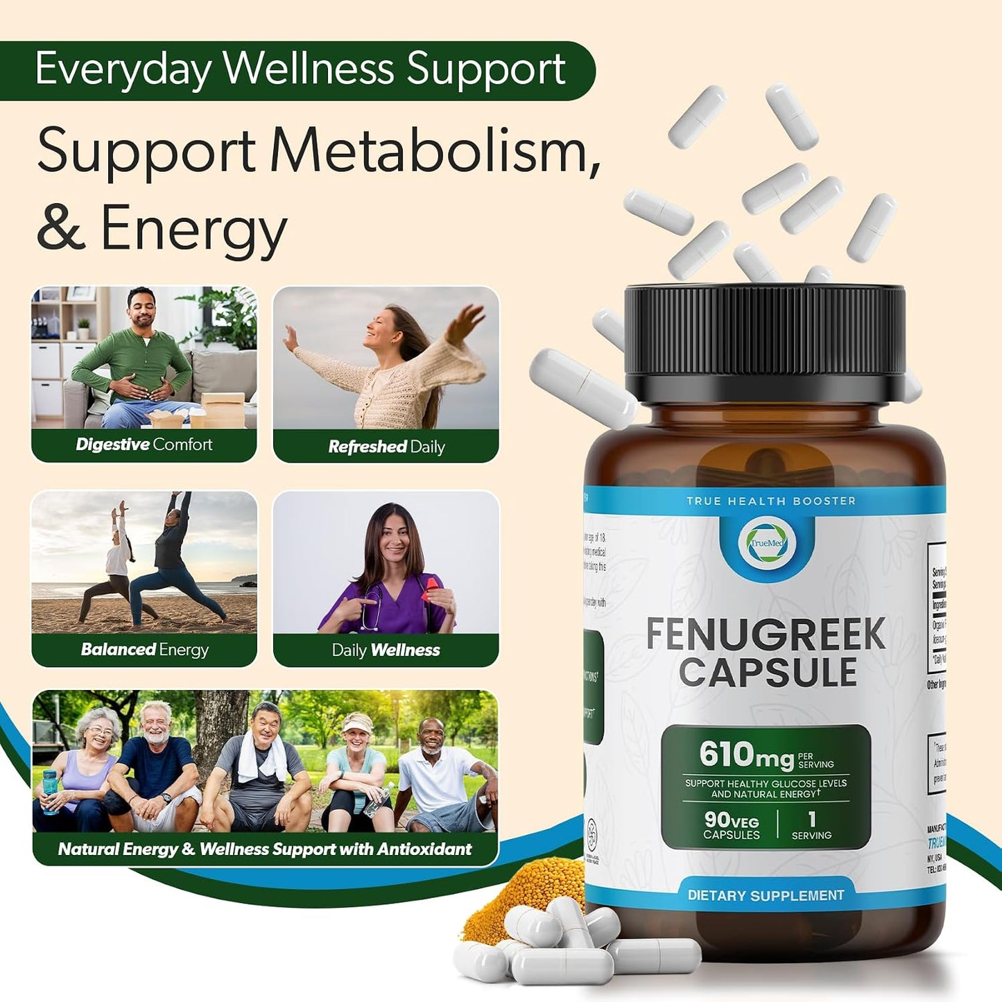 TRUEMED Organic Fenugreek Capsules 610 mg – Digestive Comfort, Natural Energy & Wellbeing Support (90 Capsules) - görsel 8