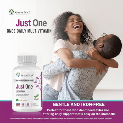 NatureGenX Just One Daily Methylated Multivitamin - Iron-Free, Methyl B12 & Quatrefolic Methylfolate, 120 Vegan Capsules – Image 6
