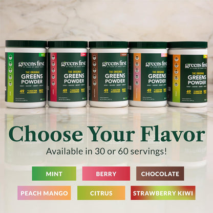 Greens First Original Greens Powder - 49 Superfoods - Organic Fruits & Vegetables - Prebiotics, Probiotics & Digestive Enzymes - Antioxidant Smoothie - Dairy-free, Vegan & Non-GM (Mint, 60 Servings)