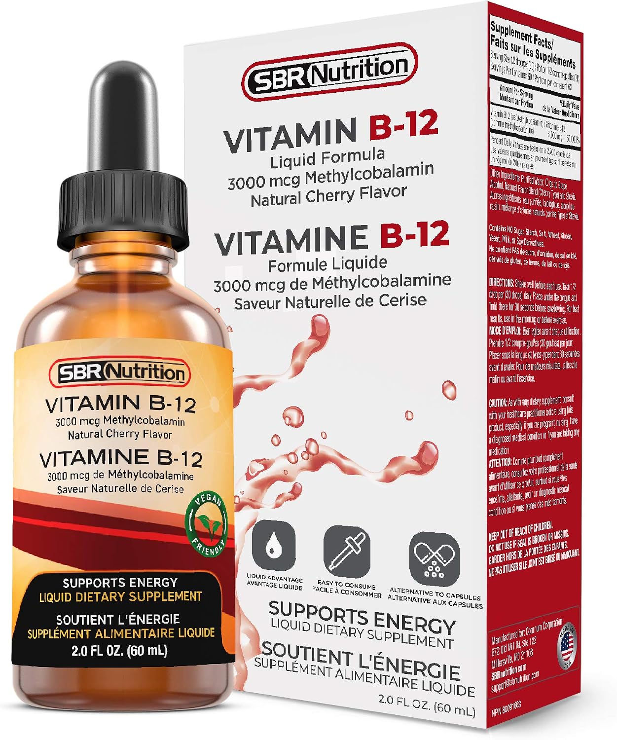 SBR Nutrition Vitamin B12 Sublingual Liquid Drops - Methylcobalamin, 3000mcg, Vegan, Non-GM - görsel 3