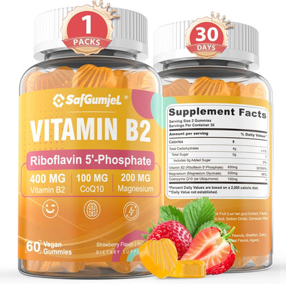 Vitamin B2 Gummies | Riboflavin 400mg with Magnesium & CoQ10 | Sugar-free, Vegan, Strawberry Flavour, 60 Count – Image 1