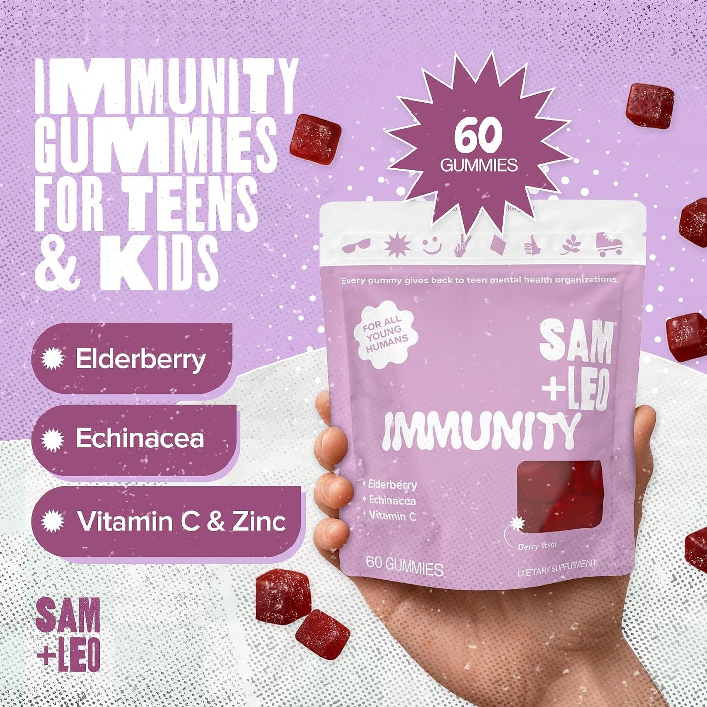 SAM+LEO Immunity Gummies with Elderberry, Echinacea, Zinc & Vitamin C – Kids Immune Support – Berry Flavour (60 Count) - görsel 2