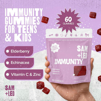 SAM+LEO Immunity Gummies with Elderberry, Echinacea, Zinc & Vitamin C – Kids Immune Support – Berry Flavour (60 Count)