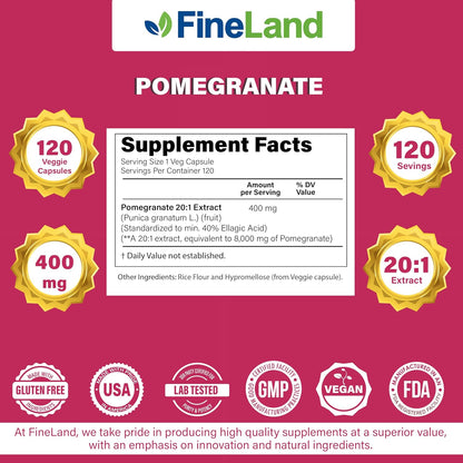 FineLand Pomegranate Extract 20:1 - 40% Ellagic Acid - Antioxidant Support - 120 Vegan Capsules – Image 3