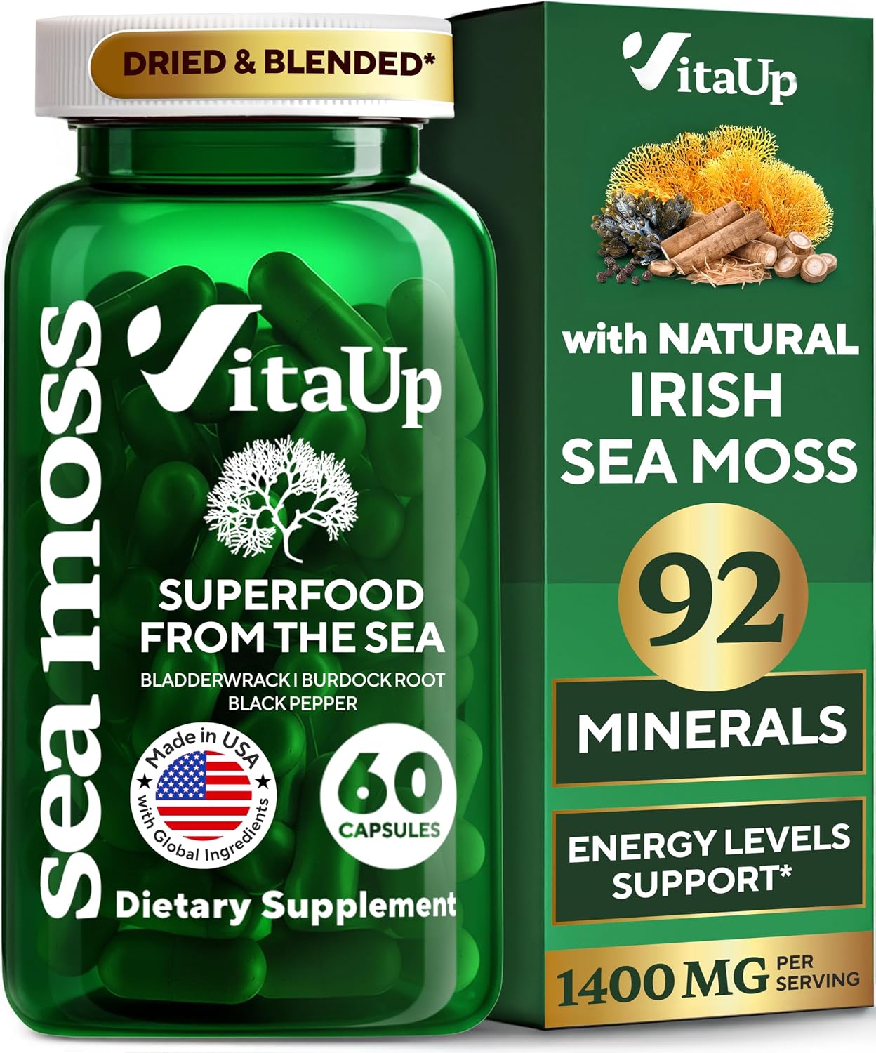 VitaUp Wildcrafted Irish Sea Moss Capsules with Burdock Root & Bladderwrack - 60 Vegan Capsules - görsel 1
