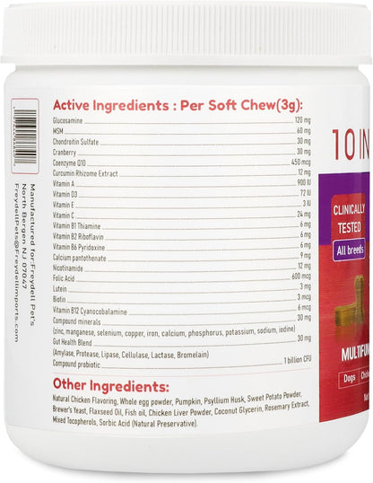 Freydell Pets 10-in-1 Multivitamin Dog Supplement – Glucosamine & Chondroitin Joint Support, Probiotics for Gut Health, Omega Fish Oil Skin & Coat, Immune & Allergy Support Vitamins (120 Chews)