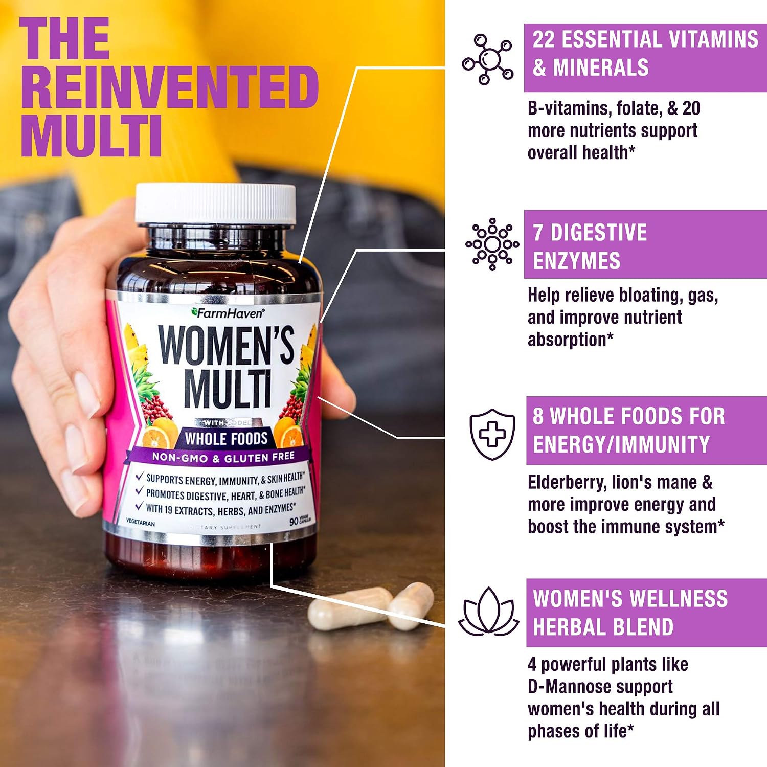 FarmHaven Multivitamin for Women | 22 Essential Nutrients with Whole Foods & Enzymes | Daily Women's Vitamins - 90 Capsules - görsel 2