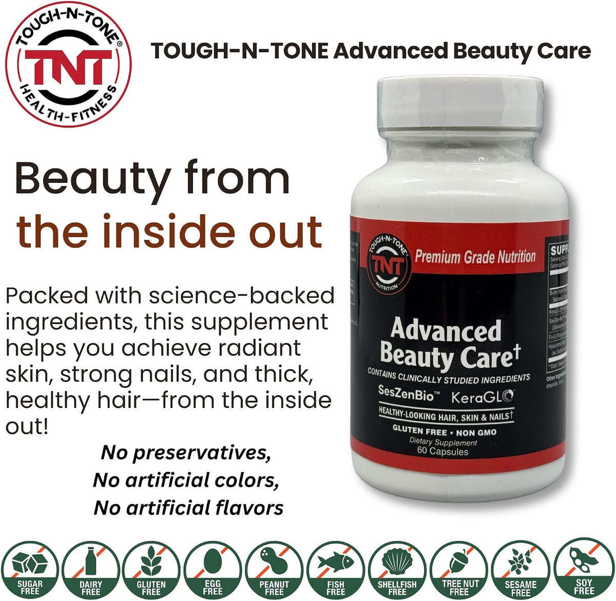 TOUGH-N-TONE Advanced Beauty Care – Vegan Biotin with SesZen-Bio®, KeraGLO® Keratin, Fo-Ti & Hyaluronic Acid – Hair, Skin & – Image 6