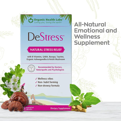 DeStress All-Natural: Veggie Capsules with B Vitamins, Magnesium, Ashwagandha and L-Theanine, Stress Relief Supplement, 30 Capsules