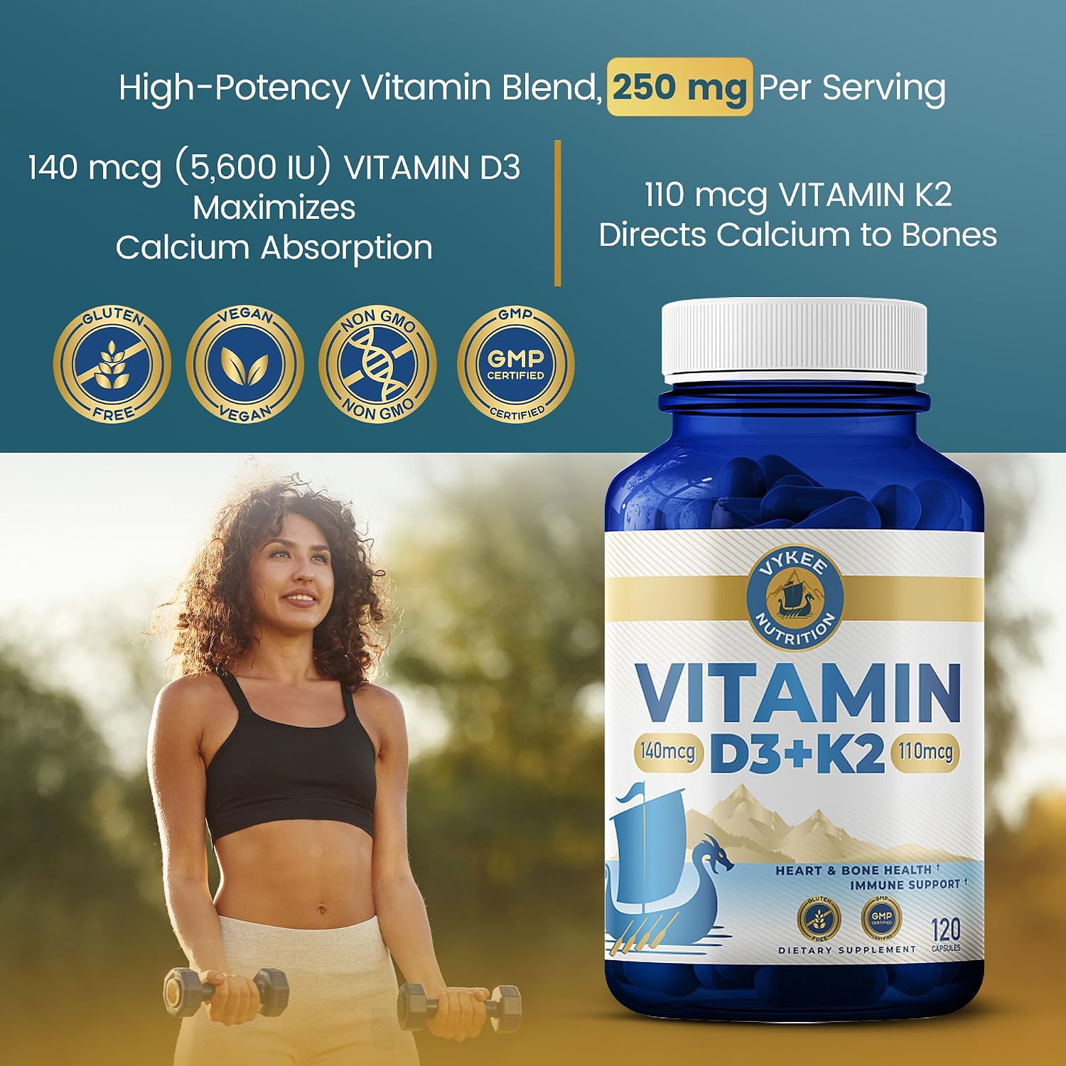 Vykee Nutrition Vitamin D3 K2 Complex – D3 140 mcg & K2 (MK-7) 110 mcg – 120 Vegan Capsules - görsel 4