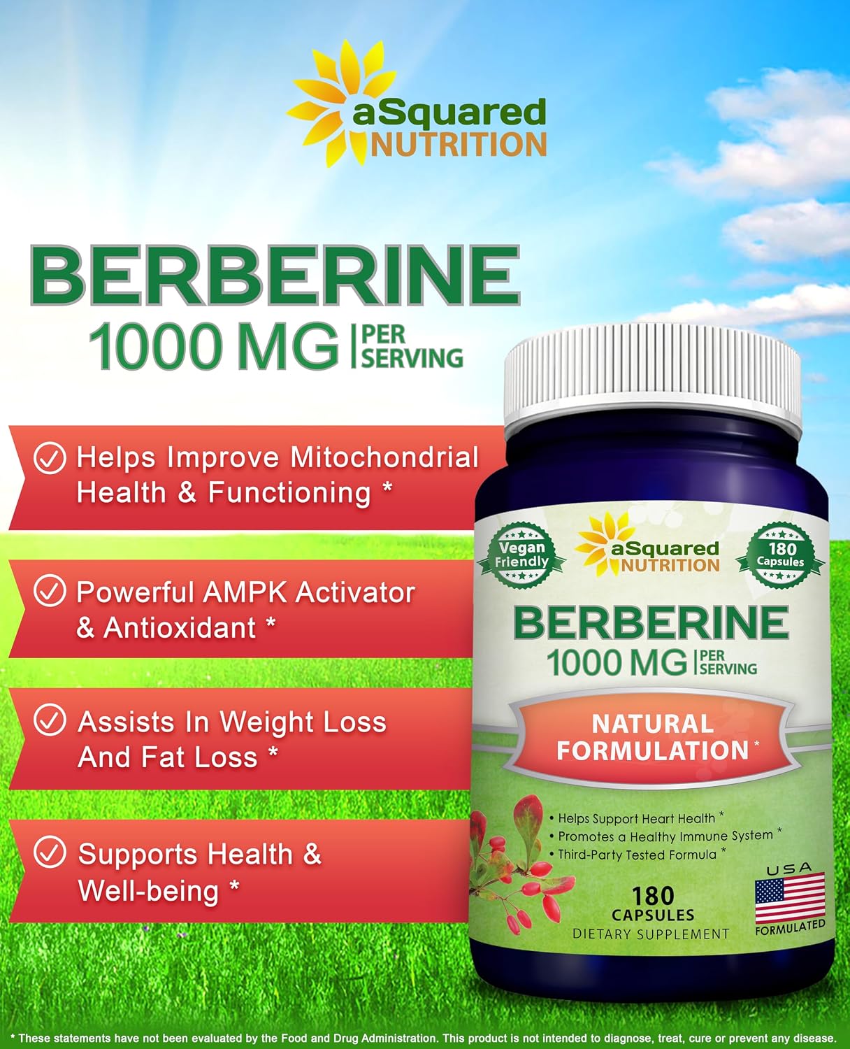 aSquared Nutrition Pure Berberine 1000mg - 180 Vegie Capsules - görsel 2