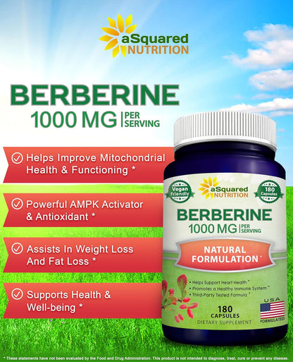 aSquared Nutrition Pure Berberine 1000mg - 180 Vegie Capsules