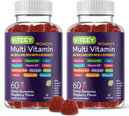 Viteey Women's Multivitamin Gummies - Raspberry Flavoured - 12 in 1 Essential Vitamins & Minerals, Vegetarian, Kosher