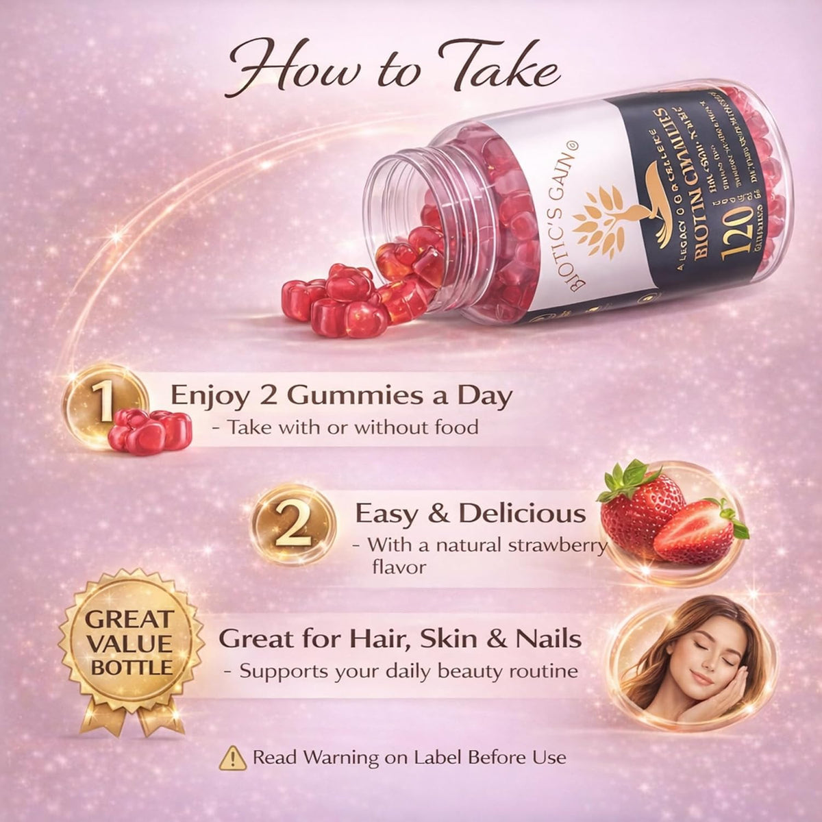 Biotic's Gain Biotin Gummies, 10,000 mcg, Hair Skin and Nail Support, with Vitamins A C D E B6 B12 and Zinc, Vegan, – Image 6