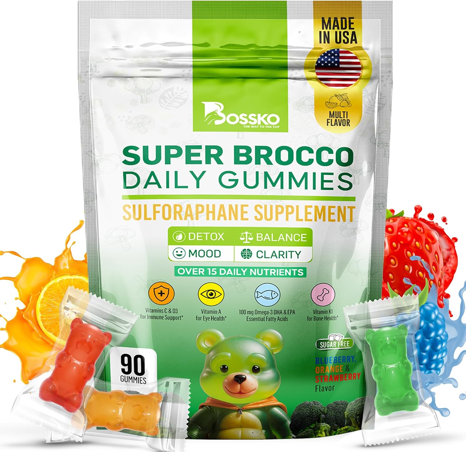 Bossko Sulforaphane Gummies with Omega-3 - Broccoli Sprout Extract, EPA/DHA - Cellular Health & Mood Support - 90 Vegan Gummies - Mixed Berry - görsel 1