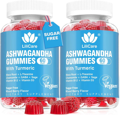 Organic Ashwagandha Gummies with Vitamin D3, B12 & Turmeric – Sugar Free, Vegan, Mixed Berry Flavour – 120 Count
