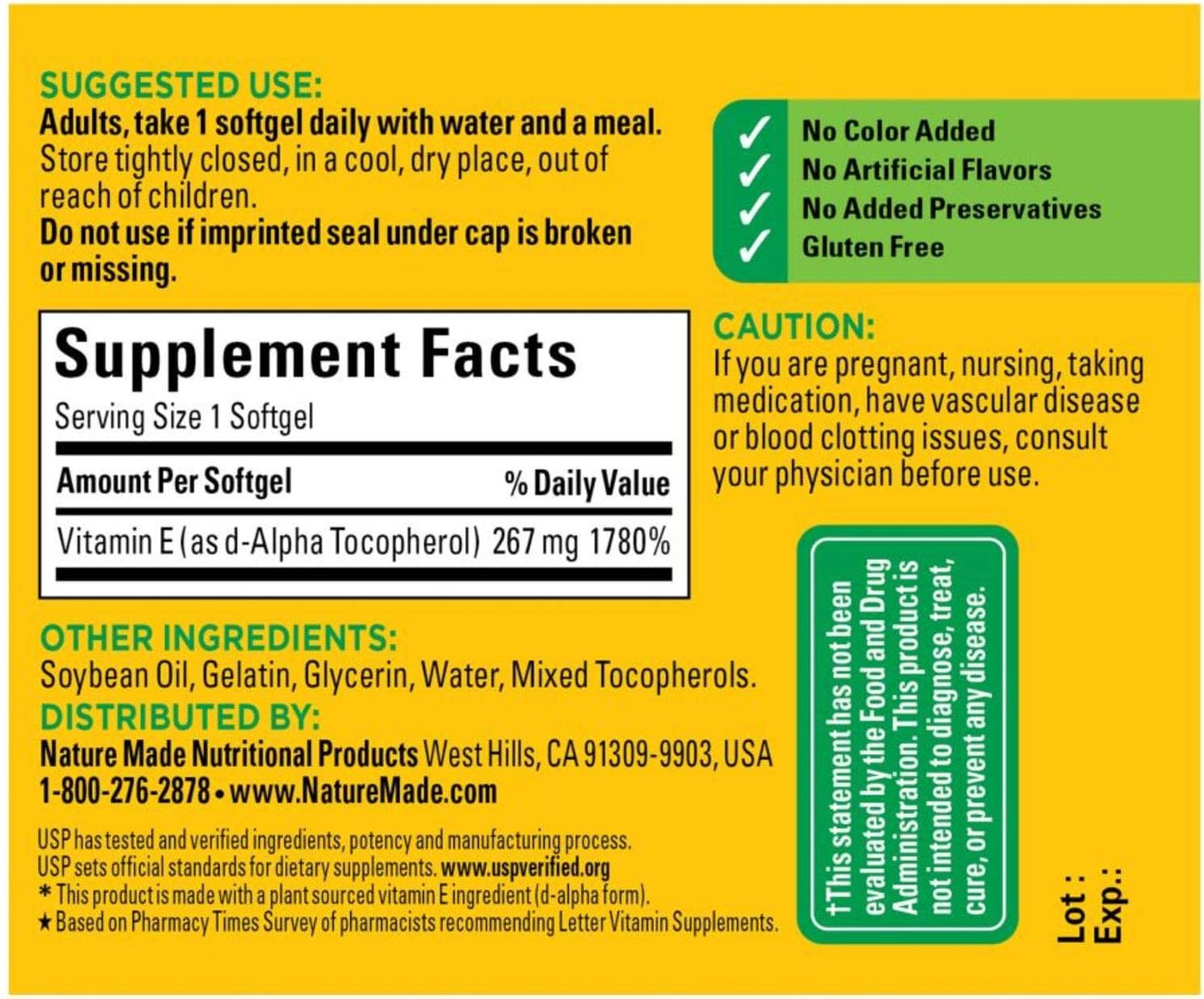 Nature Made Plant Sourced Vitamin E 267 mg (400 IU) d-Alpha Softgels, 100 Count (Pack of 3) - görsel 2
