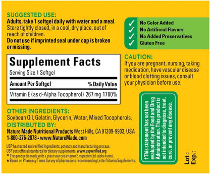 Nature Made Plant Sourced Vitamin E 267 mg (400 IU) d-Alpha Softgels, 100 Count (Pack of 3)