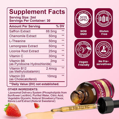 Liposomal Saffron Supplements - 88.5mg Saffron Extract with L-Theanine, Chamomile, Vitamin C, B6, B12 & D3 - Strawberry – Image 2