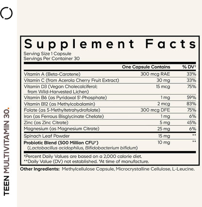 Codeage Teen Multivitamin - Vegan Multivitamins for Teenage Boys and Girls with Vitamins A, C, D3, B12, Folate, Zinc, Iron, – Image 2