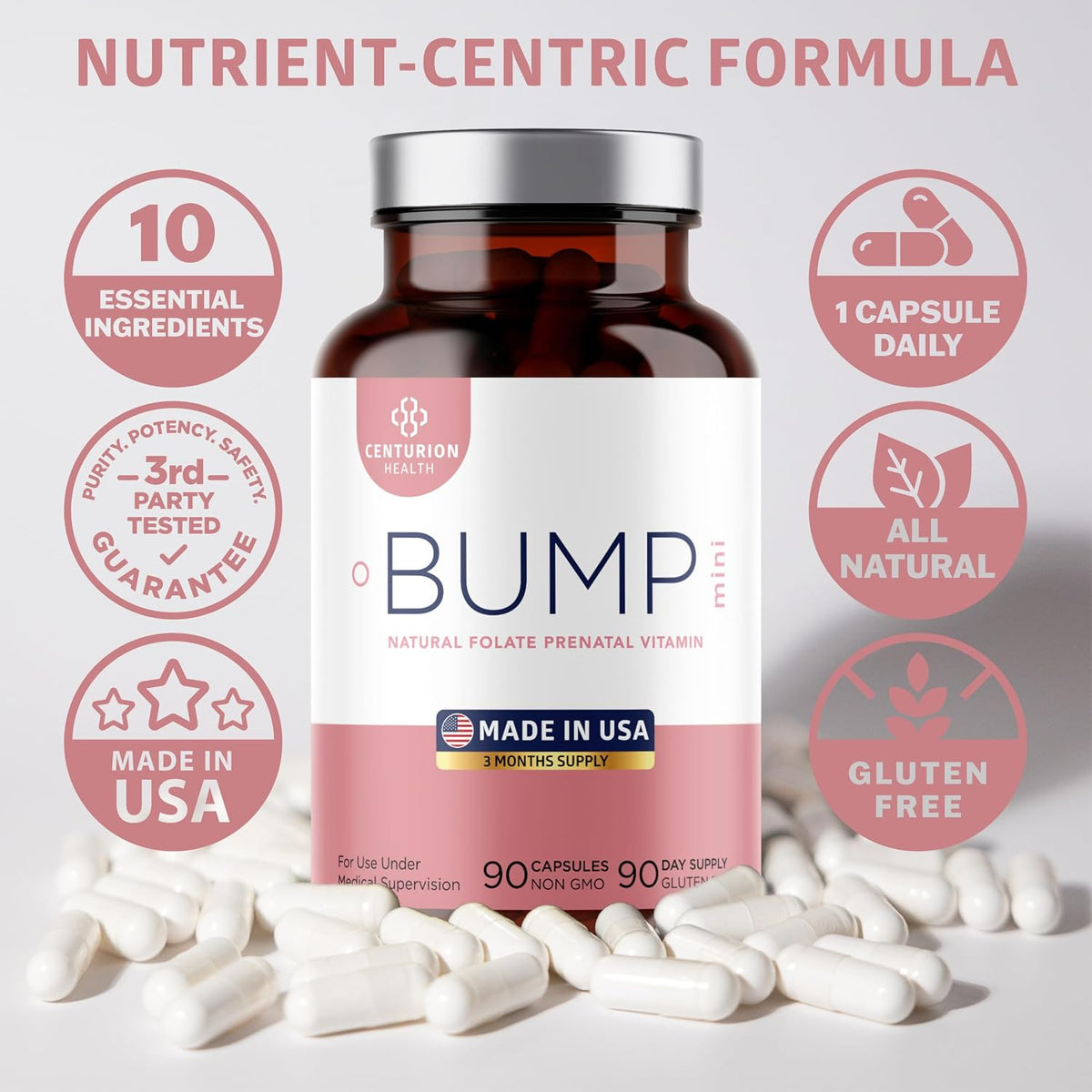 Centurion Health Bump Mini Complete Prenatal Vitamins with Folate, Choline, Carbonyl Iron, Zinc, Vitamin D3 and Vitamin B12 – Image 7