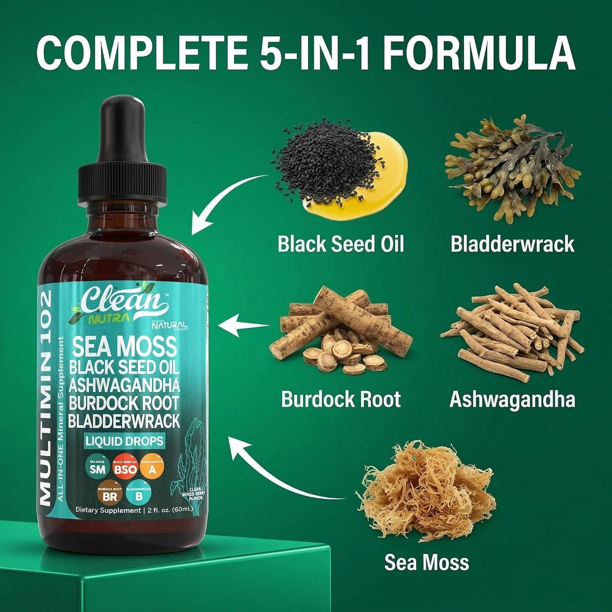 Clean Nutra Organic Sea Moss Drops Supplement | Black Seed Oil, Ashwagandha, Burdock Root & Bladderwrack - Multimineral – Image 4