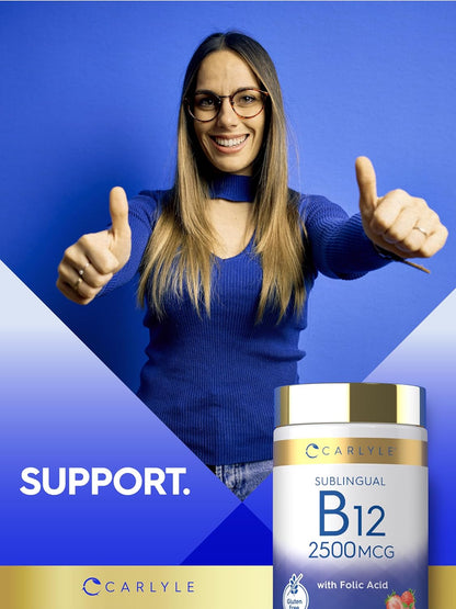 Carlyle Vitamin B12 Sublingual 2500 mcg - 250 Fast Dissolve Tablets - Cyanocobalamin with Folic Acid, Natural Berry Flavour